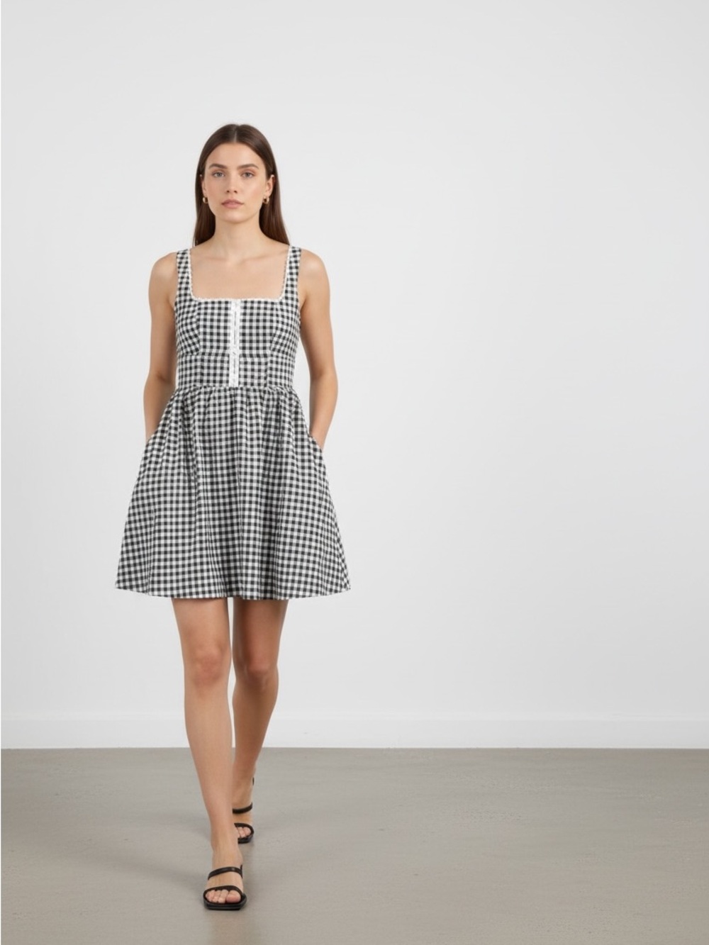 Avec Les Filles Black and White Gingham Square-Neck Mini Dress